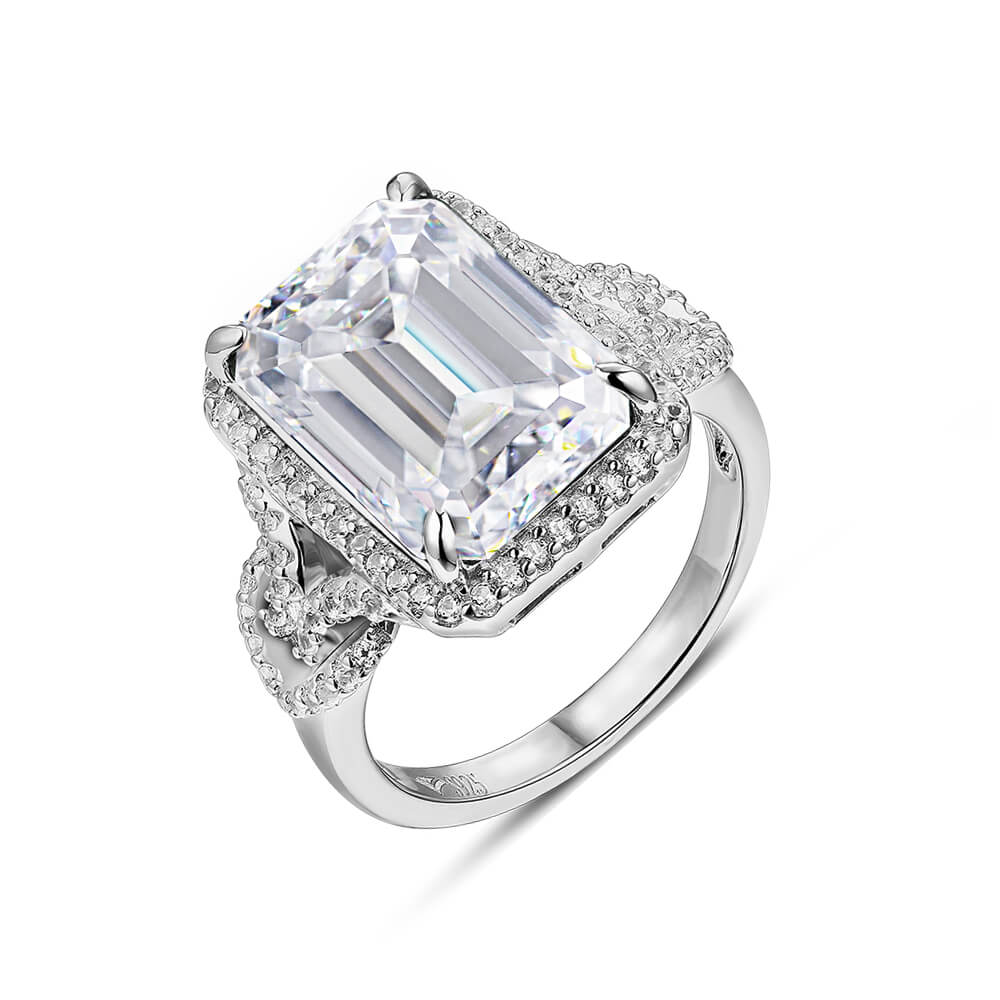 Halo Emerald Cut Moissanite Split Shank Engagement Ring