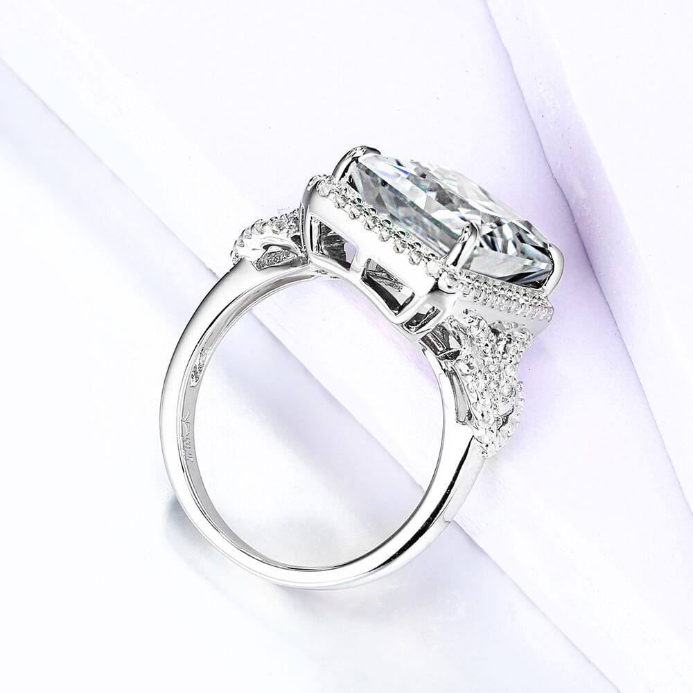 Halo Emerald Cut Moissanite Split Shank Engagement Ring