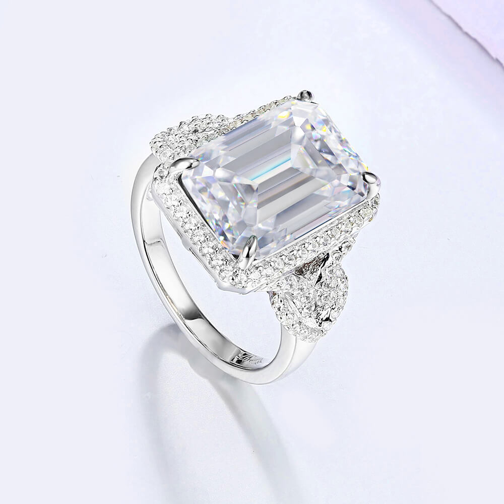 Halo Emerald Cut Moissanite Split Shank Engagement Ring
