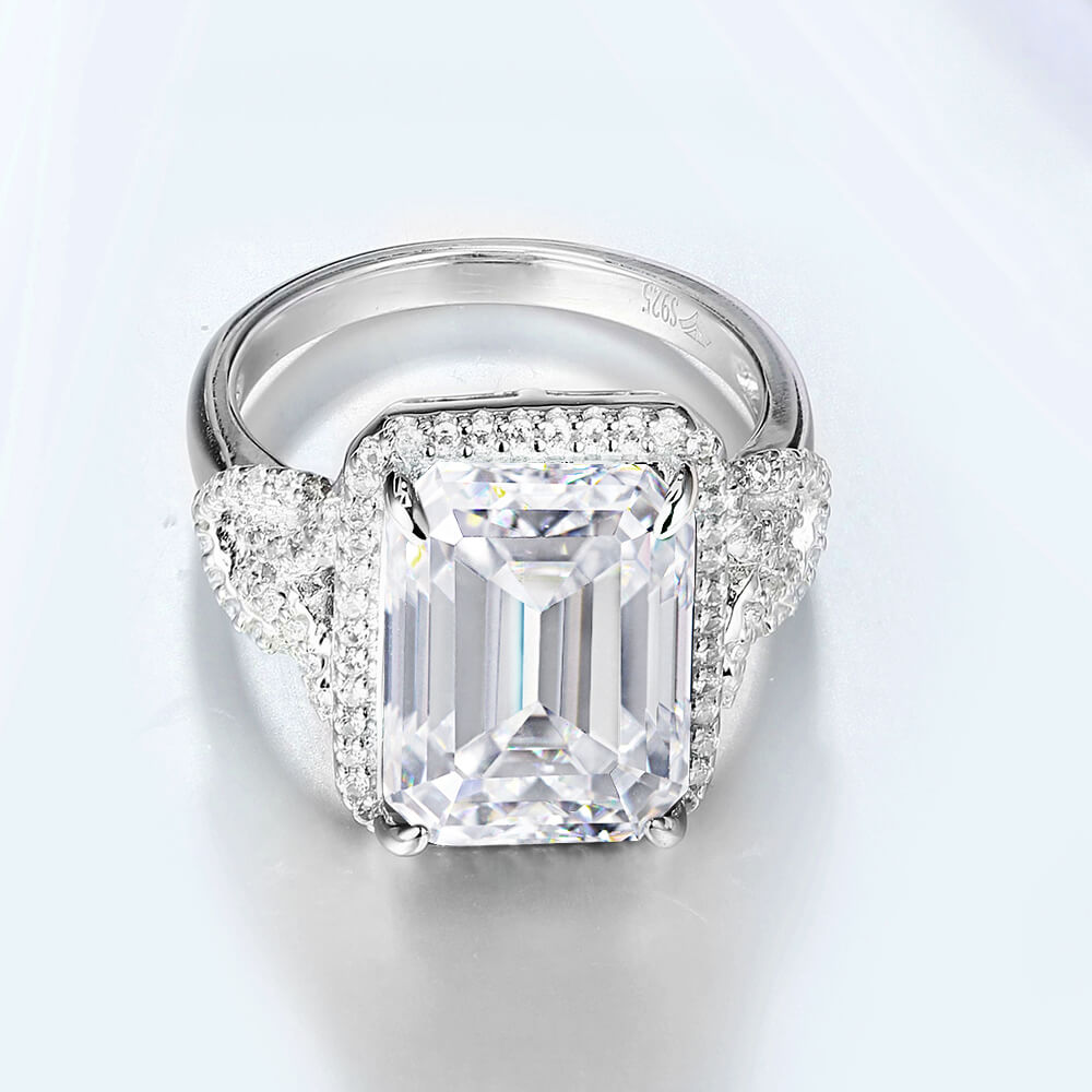 Halo Emerald Cut Moissanite Split Shank Engagement Ring