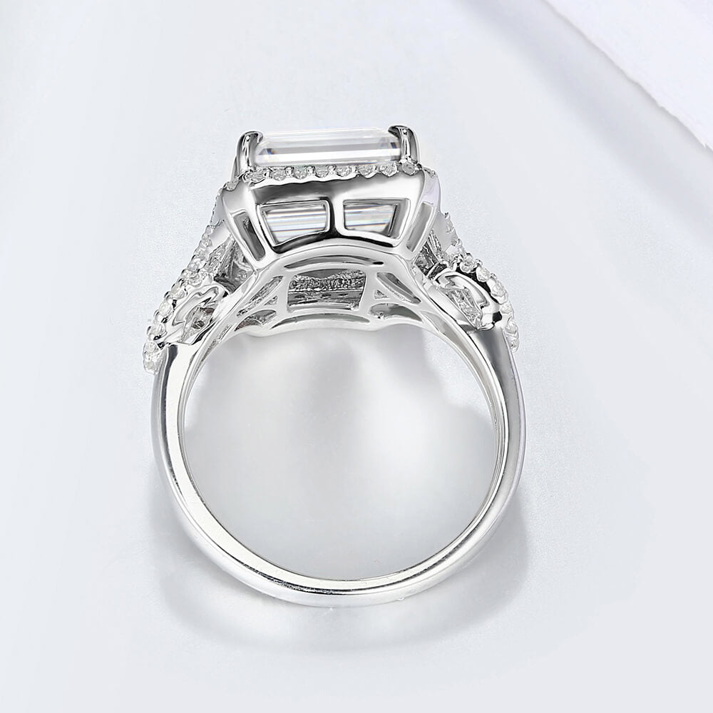 Halo Emerald Cut Moissanite Split Shank Engagement Ring