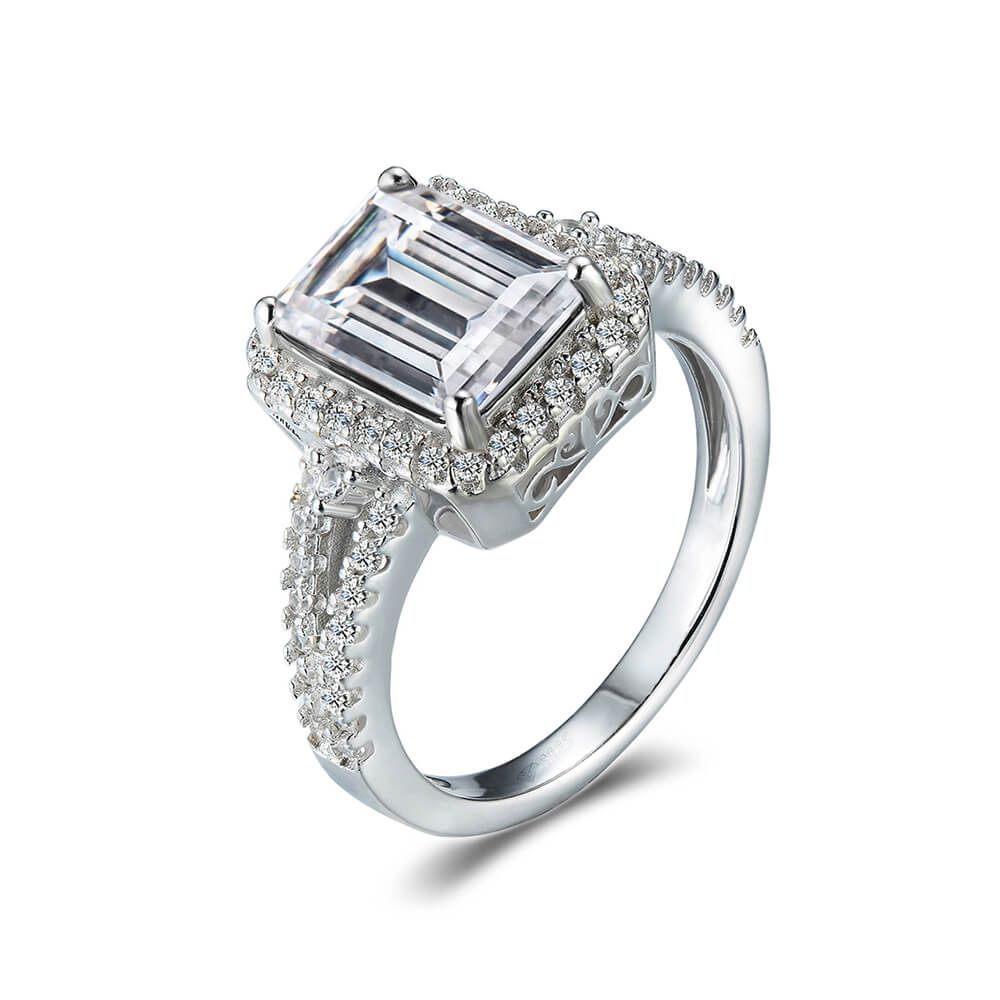 Halo Emerald Cut Moissanite Split Shank Pave Basket Engagement Ring