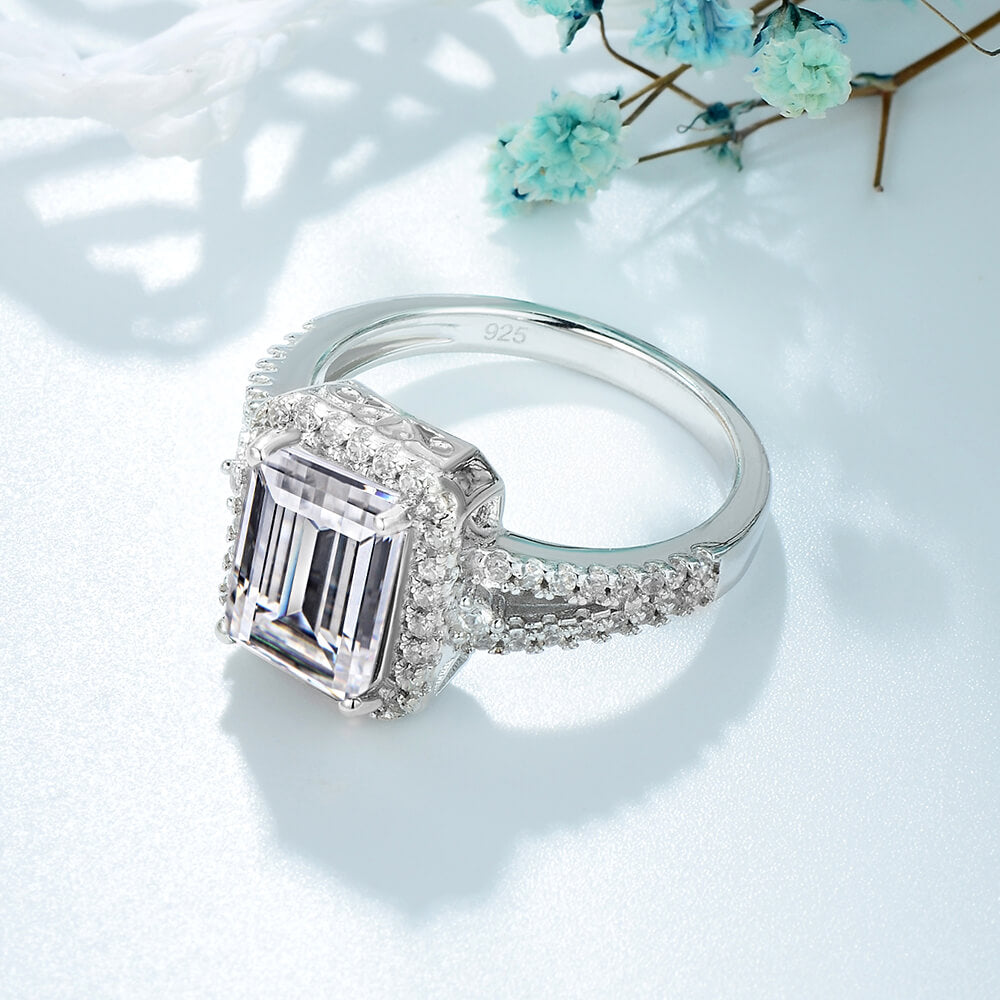 Halo Emerald Cut Moissanite Split Shank Pave Basket Engagement Ring