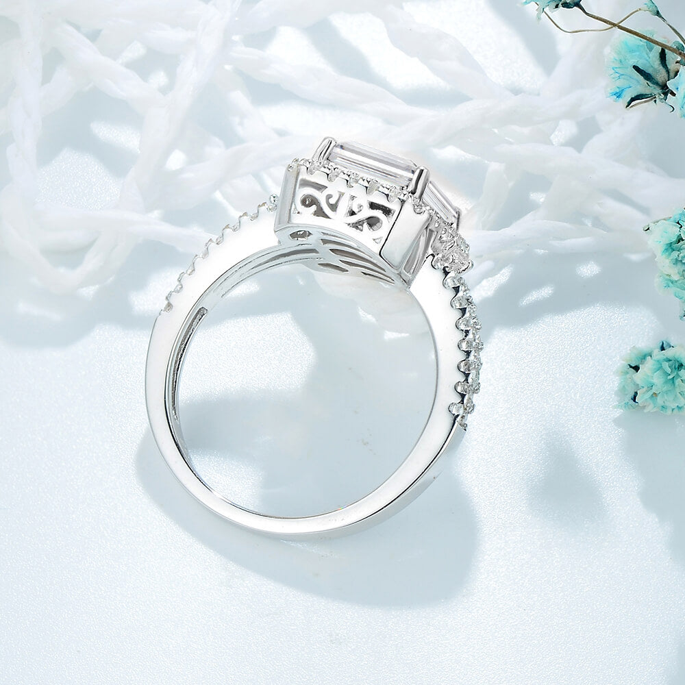 Halo Emerald Cut Moissanite Split Shank Pave Basket Engagement Ring