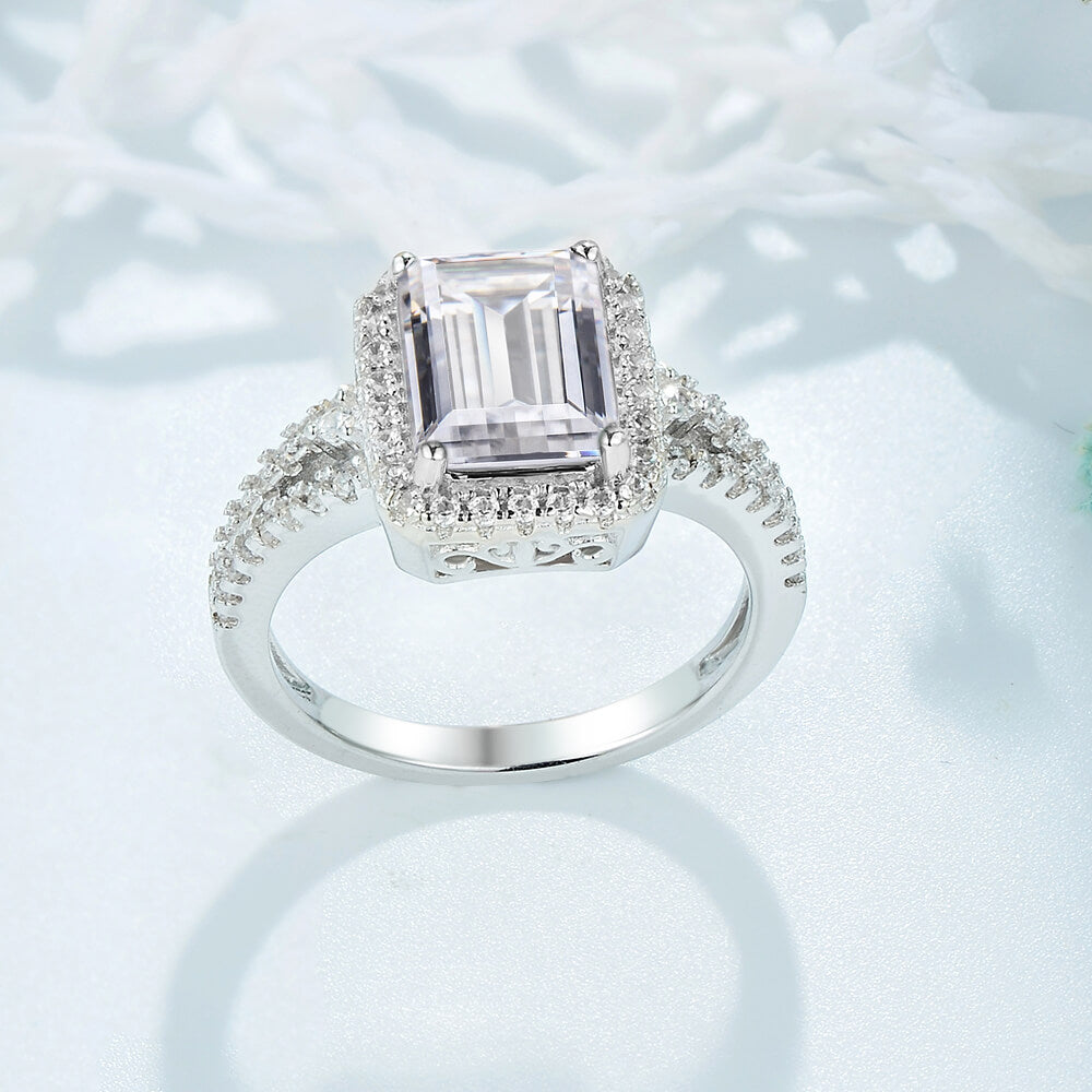 Halo Emerald Cut Moissanite Split Shank Pave Basket Engagement Ring
