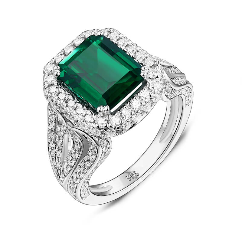 Halo Emerald Triple Split Shank Pave Sterling Silver Ring