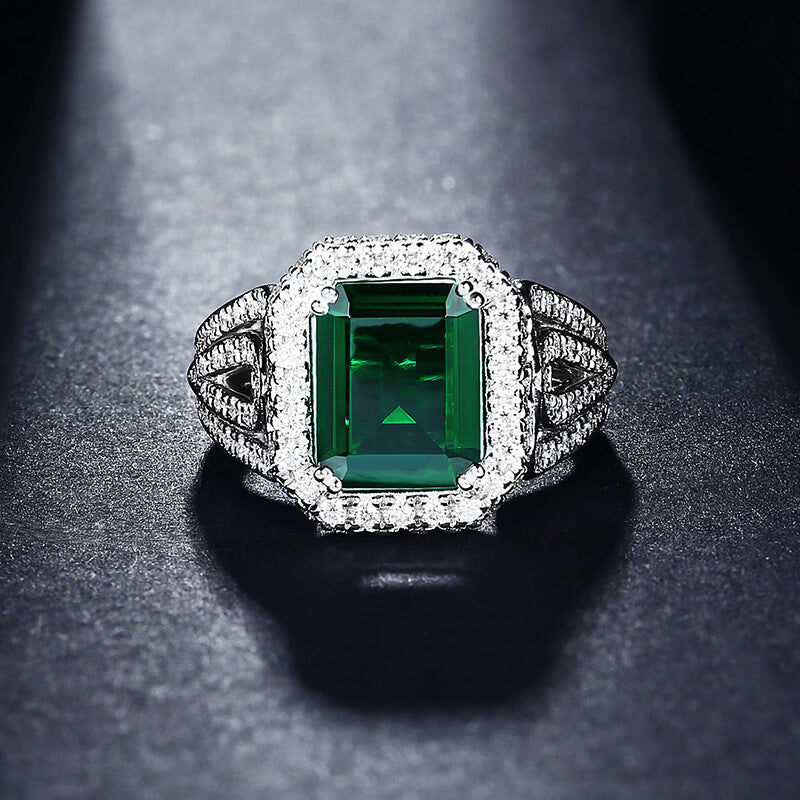 Halo Emerald Triple Split Shank Pave Sterling Silver Ring