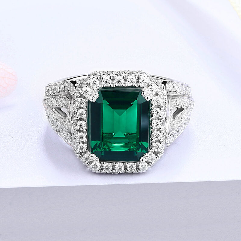 Halo Emerald Triple Split Shank Pave Sterling Silver Ring