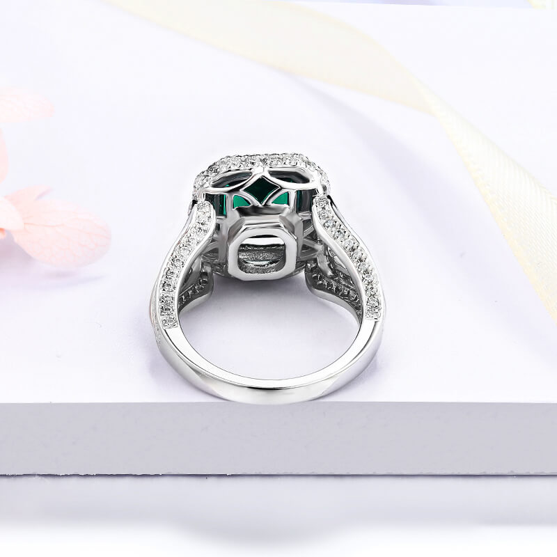 Halo Emerald Triple Split Shank Pave Sterling Silver Ring