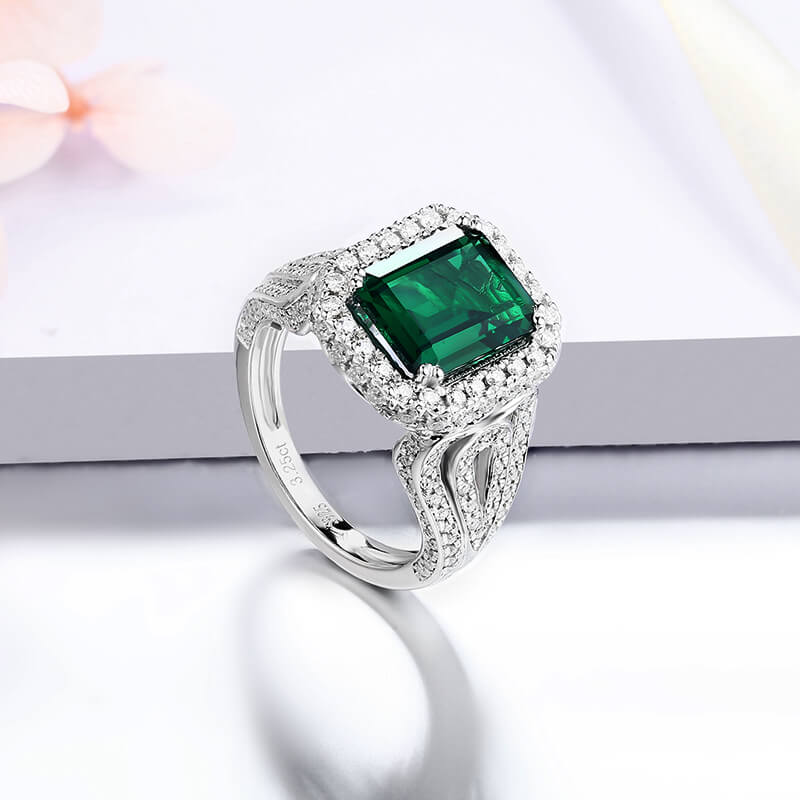 Halo Emerald Triple Split Shank Pave Sterling Silver Ring
