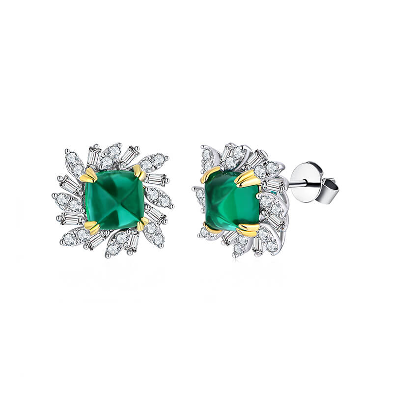 Halo Cushion Cut Emerald Two Tone Stud Earrings In Sterling Silver