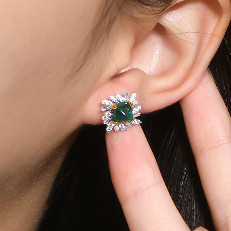 Halo Cushion Cut Emerald Two Tone Stud Earrings In Sterling Silver
