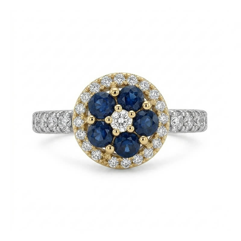 Halo Floral Cluster Moissanite And Five Sapphires Two-Tone Pave Engagement Ring