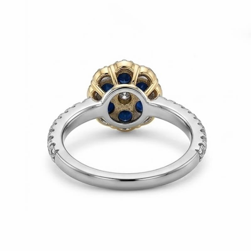 Halo Floral Cluster Moissanite And Five Sapphires Two-Tone Pave Engagement Ring