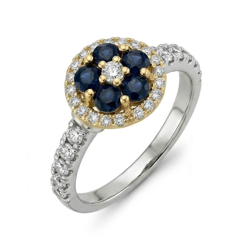 Halo Floral Cluster Moissanite And Five Sapphires Two-Tone Pave Engagement Ring