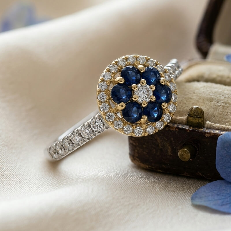 Halo Floral Cluster Moissanite And Five Sapphires Two-Tone Pave Engagement Ring