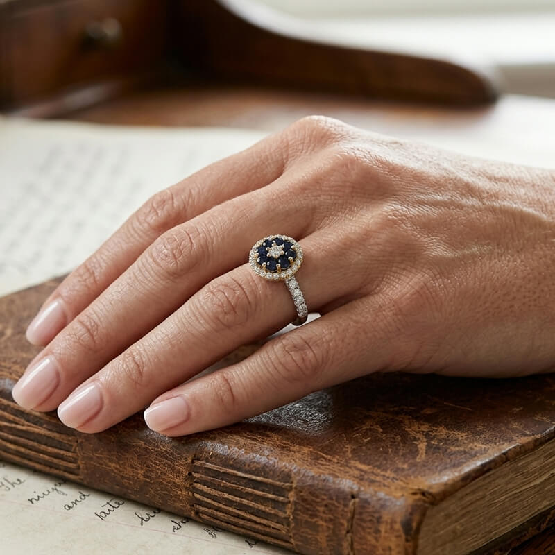 Halo Floral Cluster Moissanite And Five Sapphires Two-Tone Pave Engagement Ring