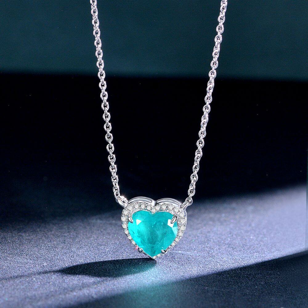 Halo Heart Cut Paraiba Tourmaline Sterling Silver Necklace Pendant