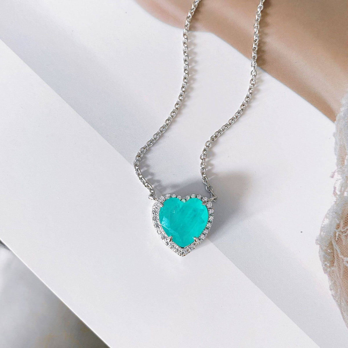 Halo Heart Cut Paraiba Tourmaline Sterling Silver Necklace Pendant