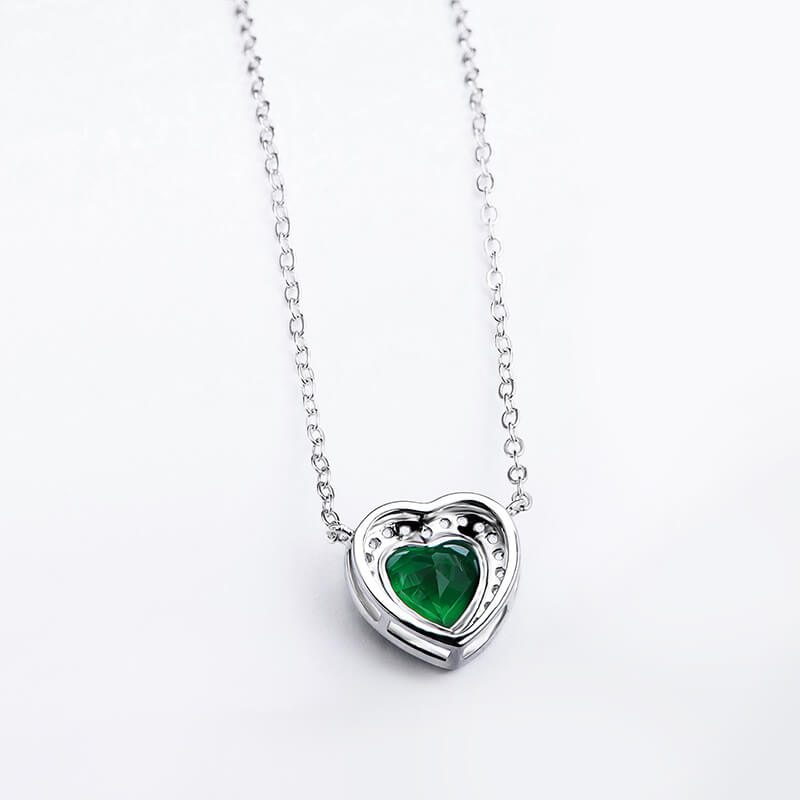 Halo Heart Emerald Necklace In Sterling Silver