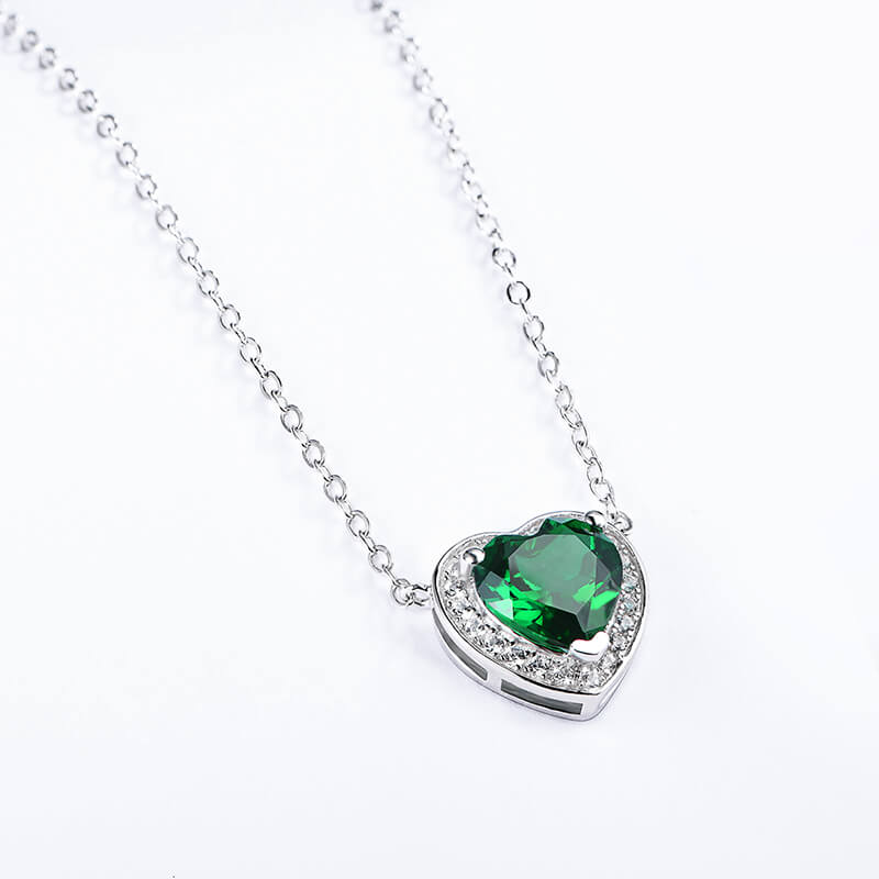 Halo Heart Emerald Necklace In Sterling Silver