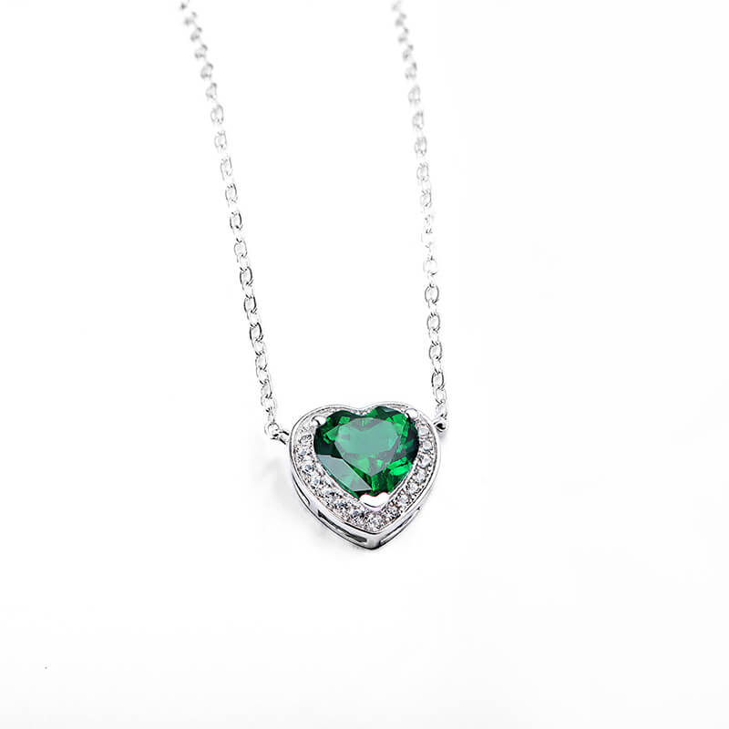 Halo Heart Emerald Necklace In Sterling Silver