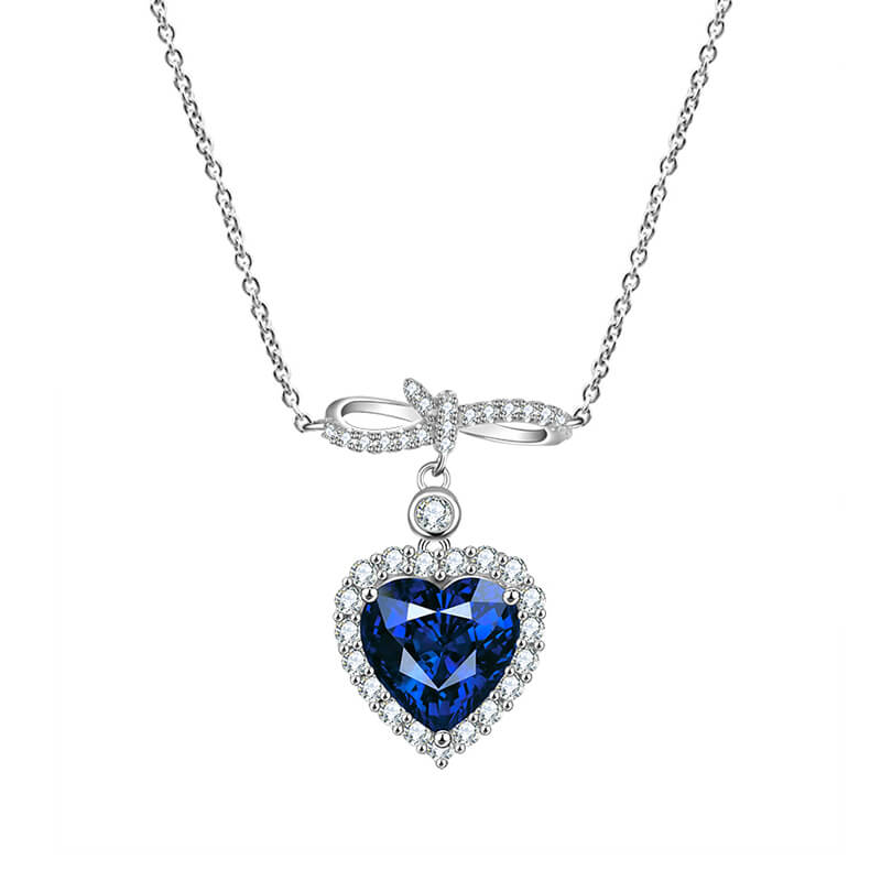 Halo Heart Sapphire Knot Necklace In Sterling Silver
