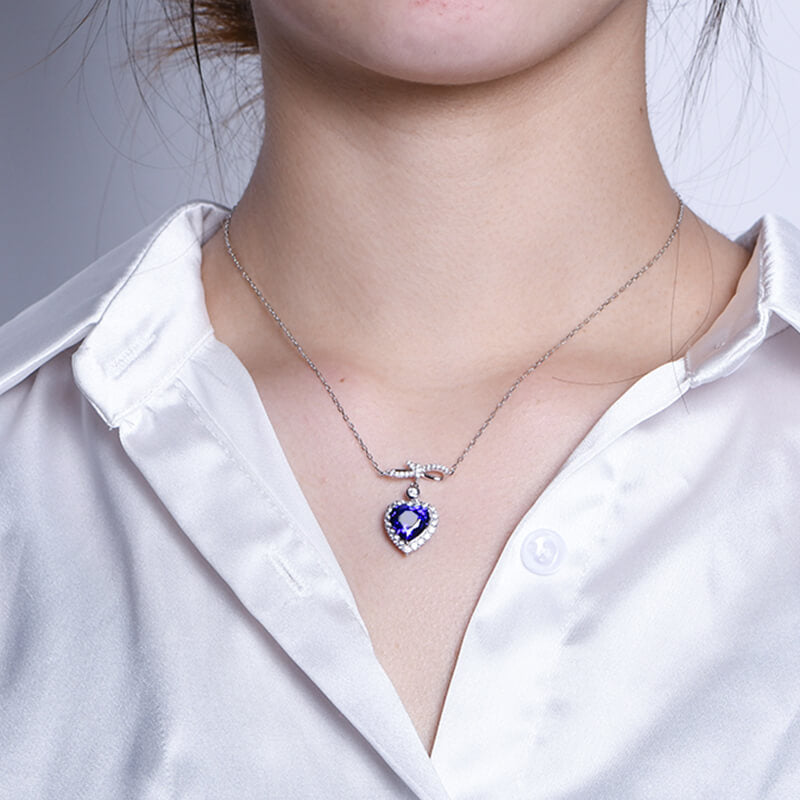 Halo Heart Sapphire Knot Necklace In Sterling Silver