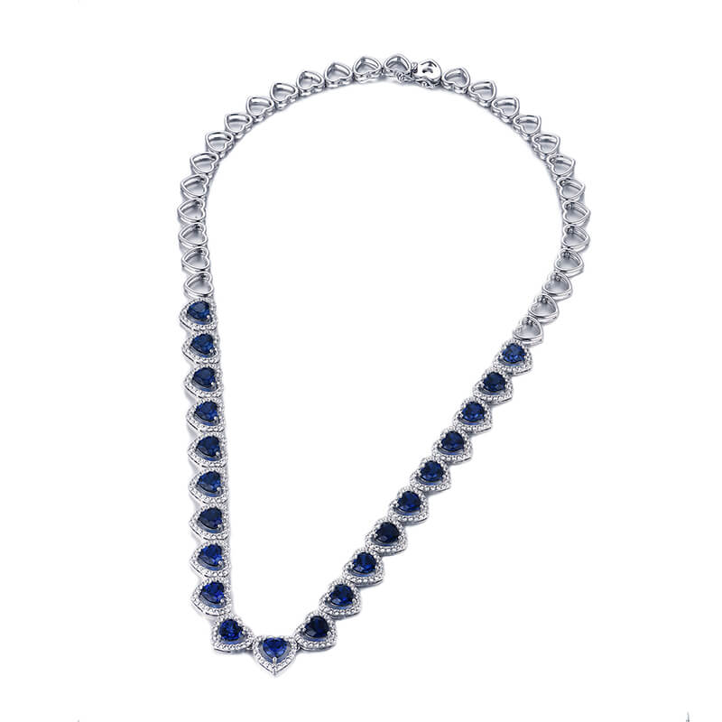 Halo Heart Sapphire Tennis Necklace In Sterling Silver