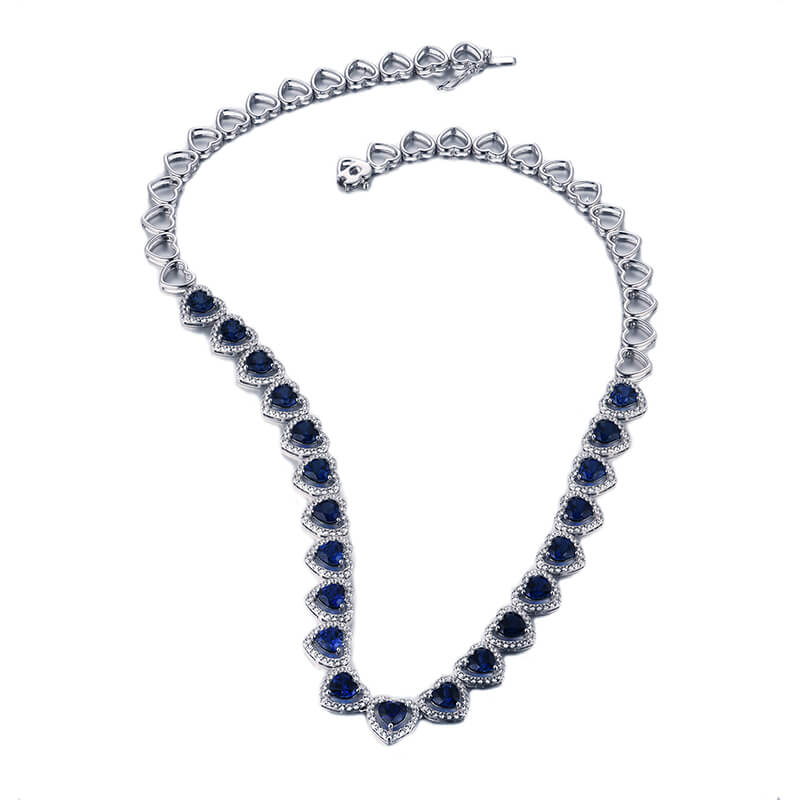 Halo Heart Sapphire Tennis Necklace In Sterling Silver