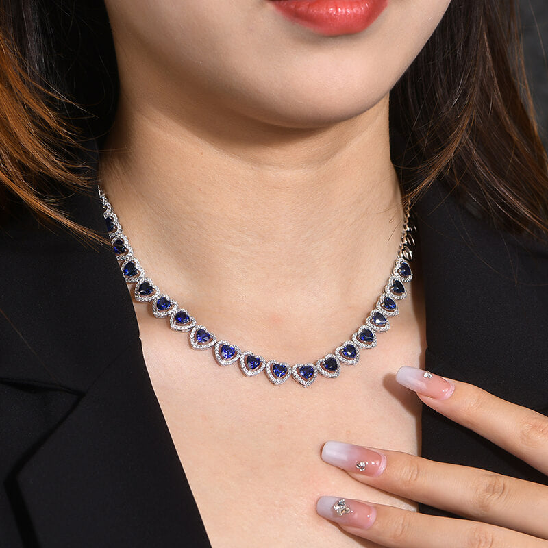 Halo Heart Sapphire Tennis Necklace In Sterling Silver