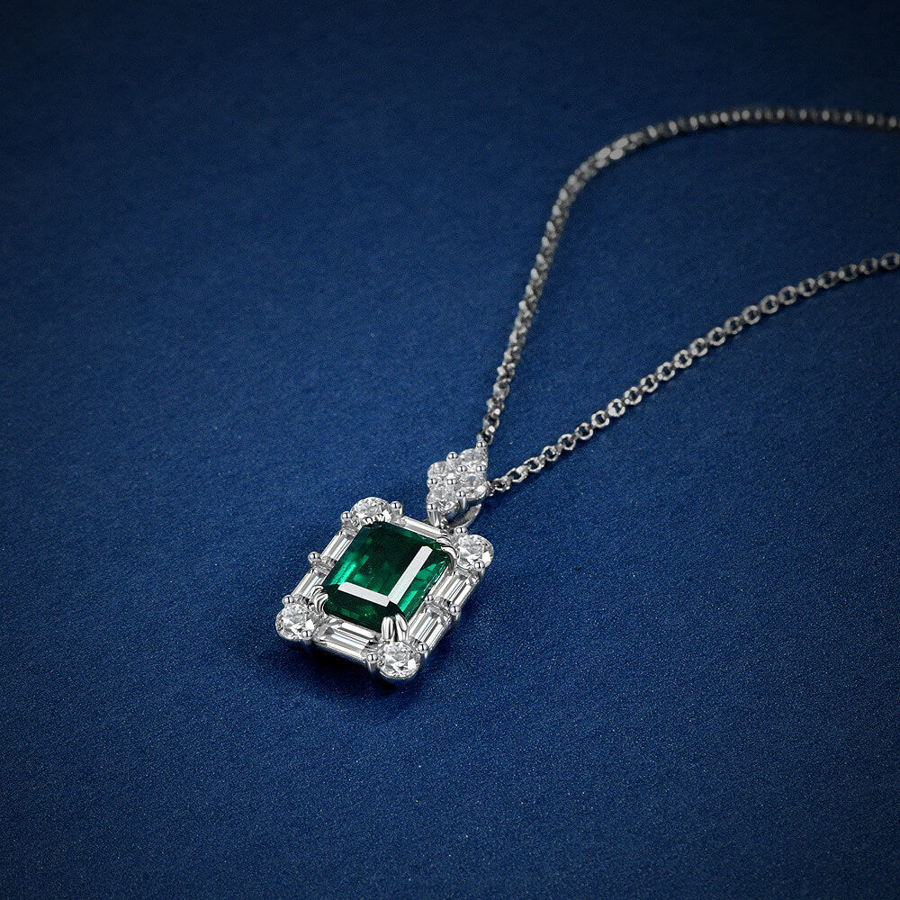 Halo Lab-Created Emerald Baguette Accents Sterling Silver Necklace