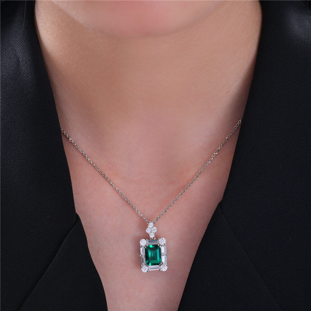 Halo Lab-Created Emerald Baguette Accents Sterling Silver Necklace
