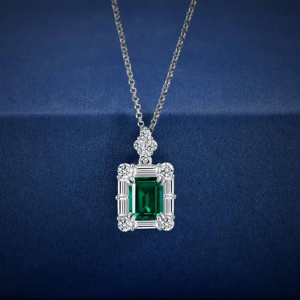 Halo Lab-Created Emerald Baguette Accents Sterling Silver Necklace