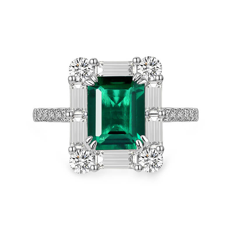 Halo Lab-Created Emerald Baguette Accents Sterling Silver Ring