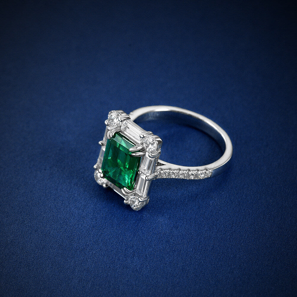 Halo Lab-Created Emerald Baguette Accents Sterling Silver Ring