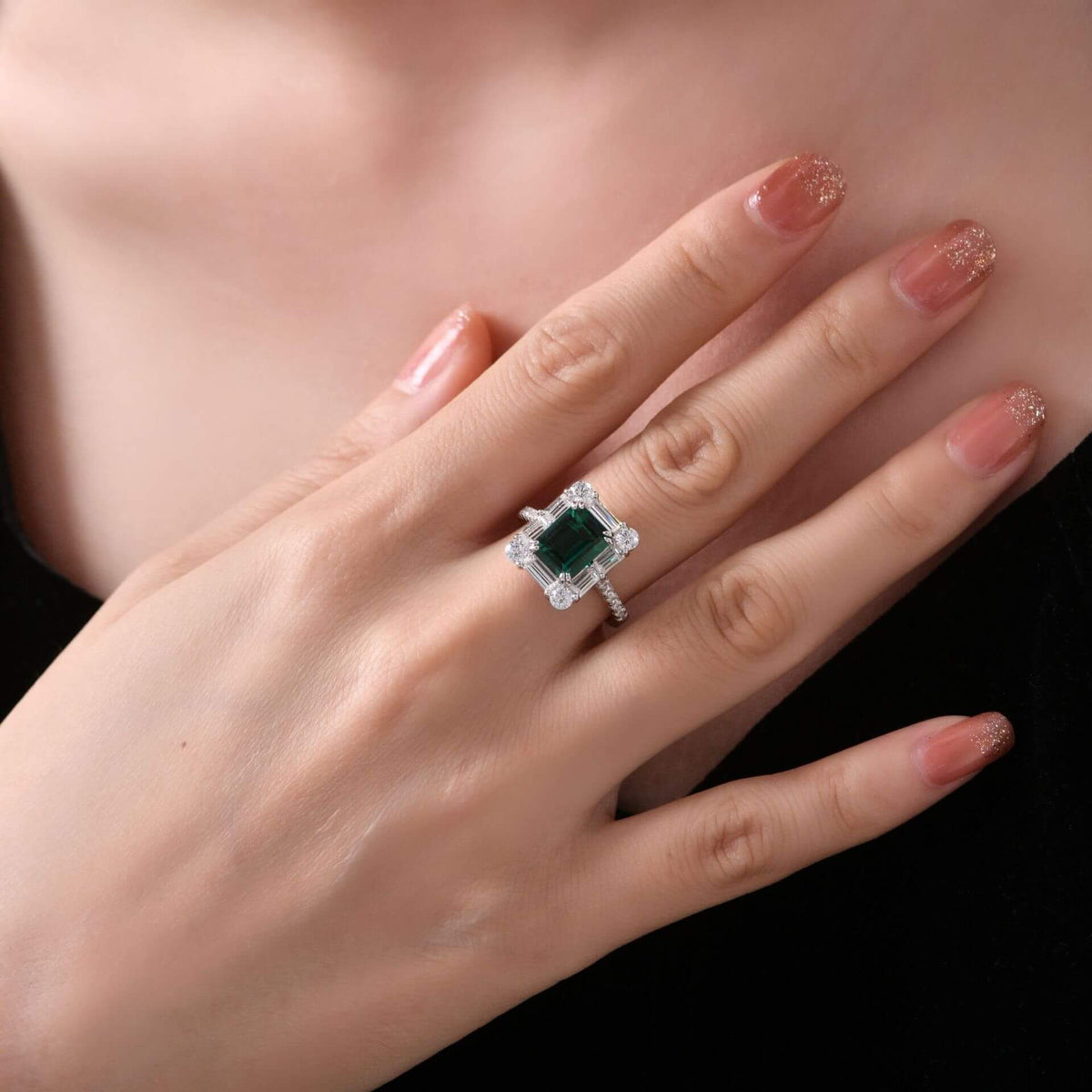 Halo Lab-Created Emerald Baguette Accents Sterling Silver Ring
