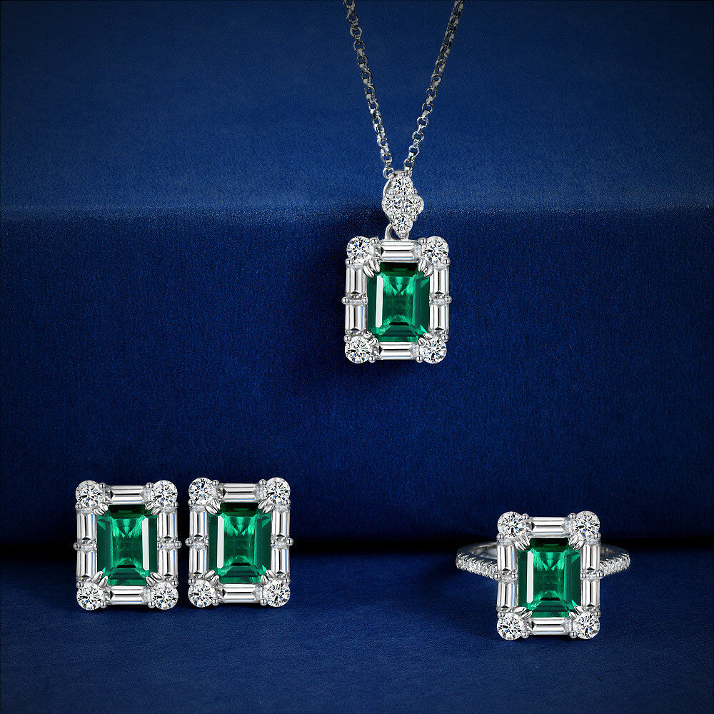Halo Lab-Created Emerald Baguette Accents Sterling Silver Ring