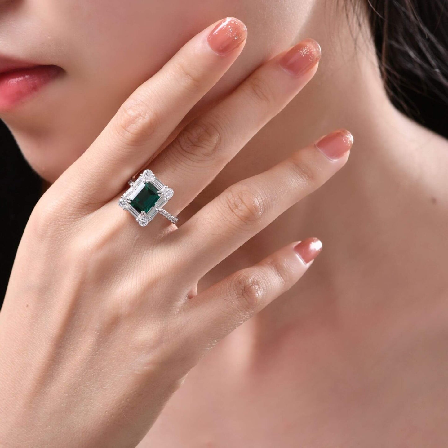 Halo Lab-Created Emerald Baguette Accents Sterling Silver Ring