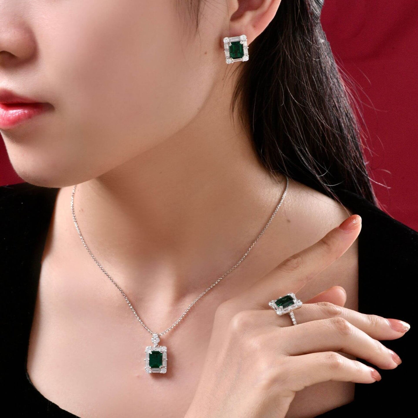 Halo Lab-Created Emerald Baguette Accents Sterling Silver Ring