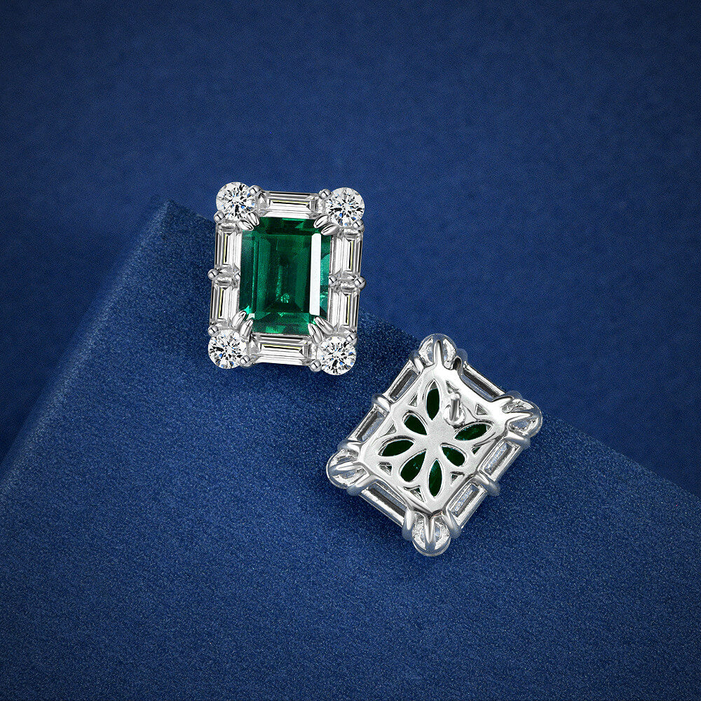 Halo Lab-Created Emerald Baguette Accents Sterling Silver Stud Earrings