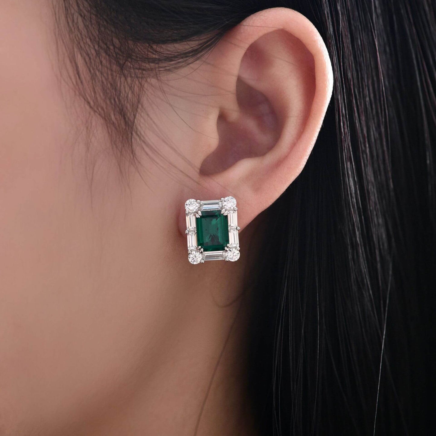 Halo Lab-Created Emerald Baguette Accents Sterling Silver Stud Earrings
