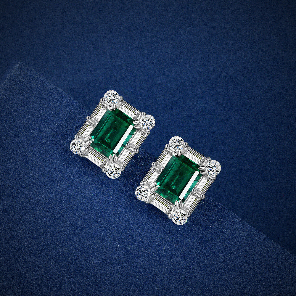 Halo Lab-Created Emerald Baguette Accents Sterling Silver Stud Earrings