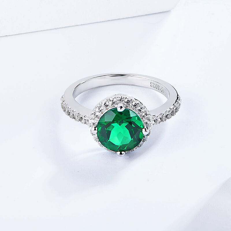 Halo Lab-Created Emerald Pave Accents Sterling Silver Ring