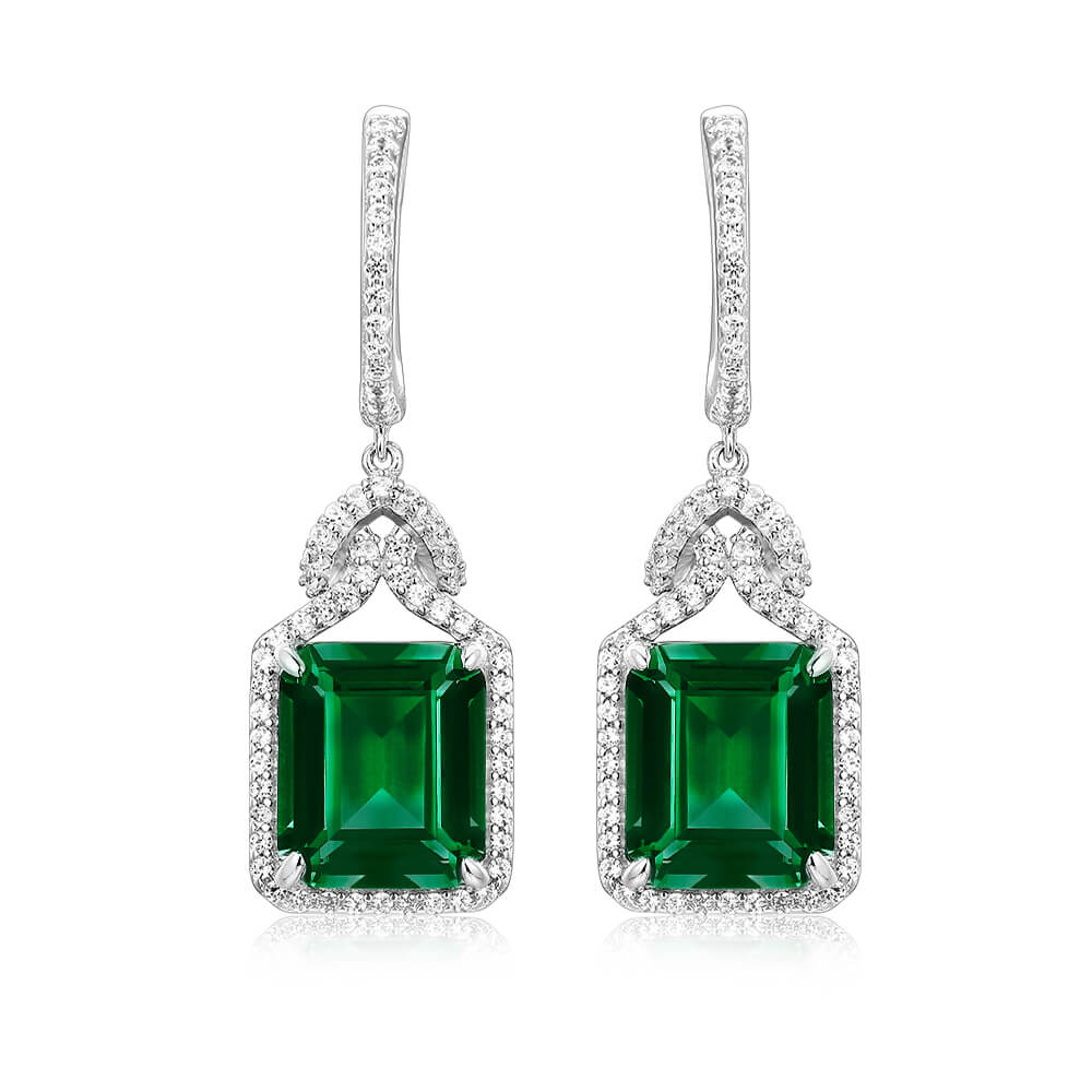 Halo Lab-Created Emerald Sterling Silver Drop Earrings