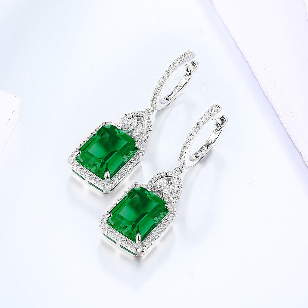 Halo Lab-Created Emerald Sterling Silver Drop Earrings