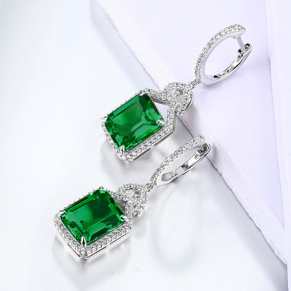 Halo Lab-Created Emerald Sterling Silver Drop Earrings