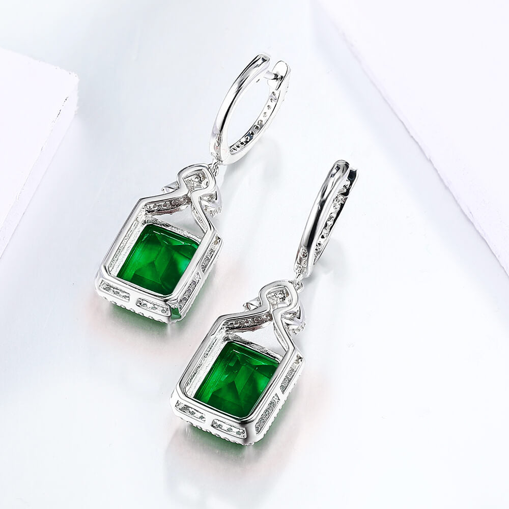 Halo Lab-Created Emerald Sterling Silver Drop Earrings