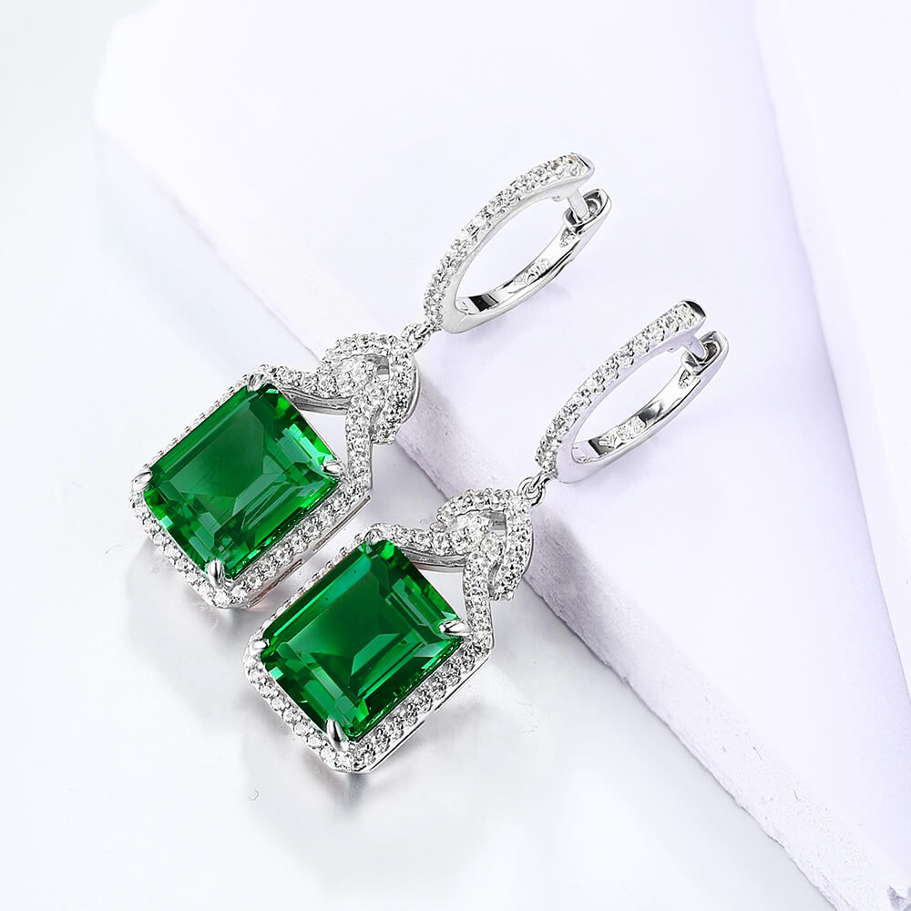 Halo Lab-Created Emerald Sterling Silver Drop Earrings