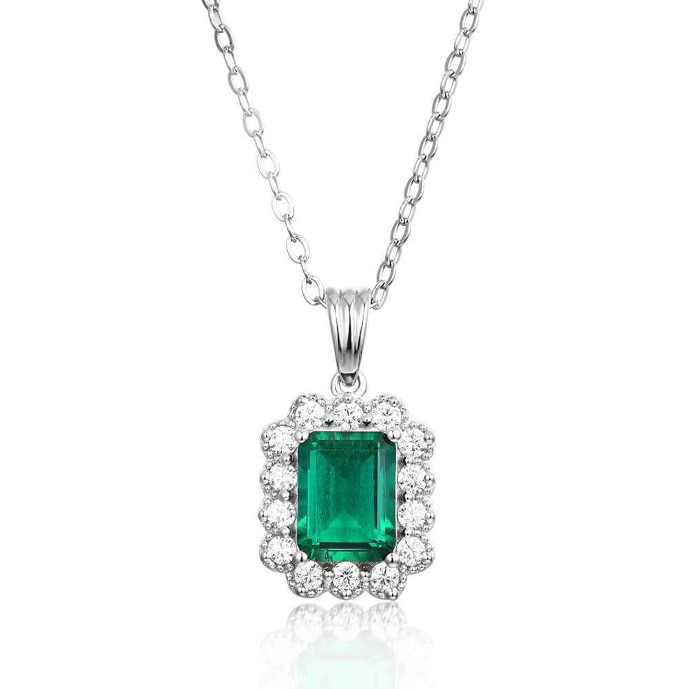 Fashion Halo Lab-Created Emerald Sterling Silver Necklace